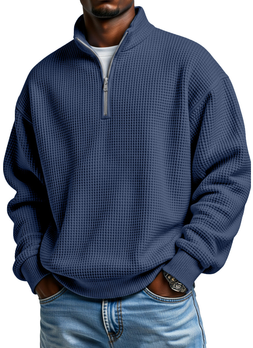 Men's Daily Loose And Simple Waffle Half-zip Stand Collar Long-sleeved Polo Shirt