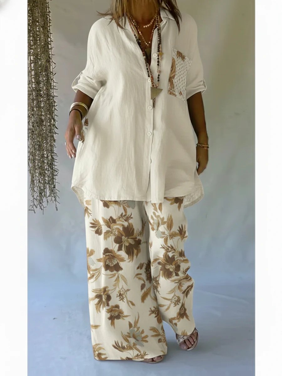 Casual Floral Print Linen And Cotton Shirt And Trousers Two-piece Set