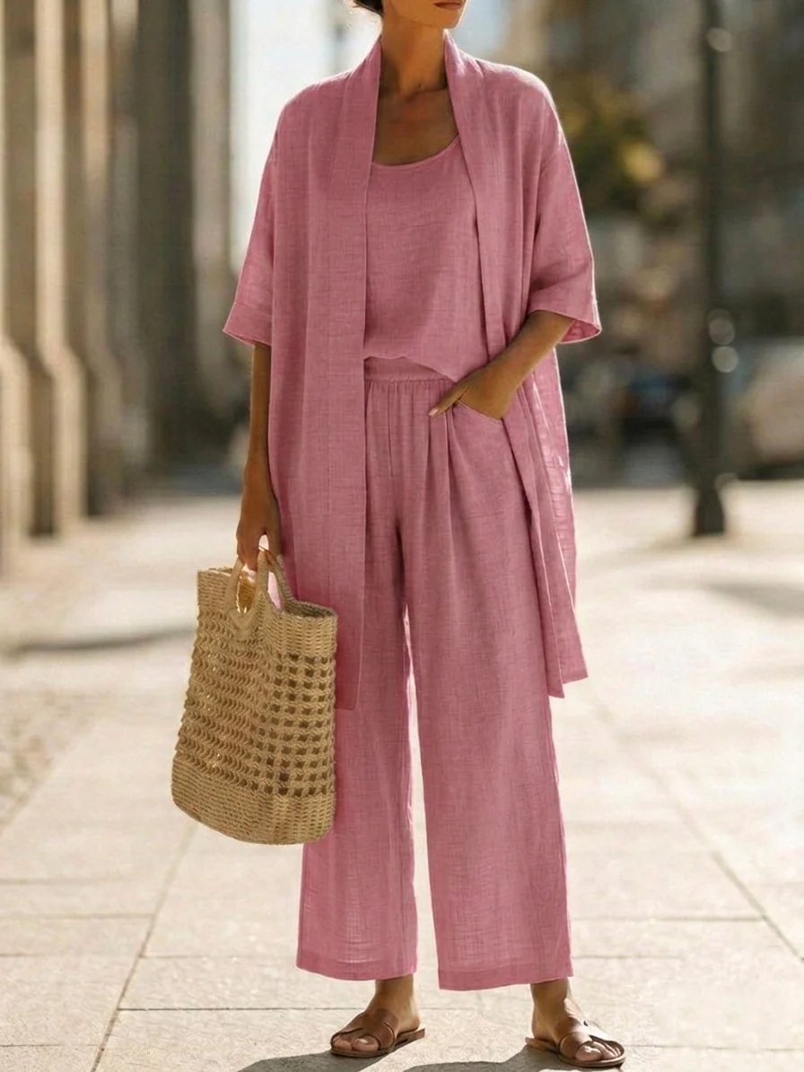 Minimalist Linen-cotton Three-piece Set - Comfortable For Everyday Wear